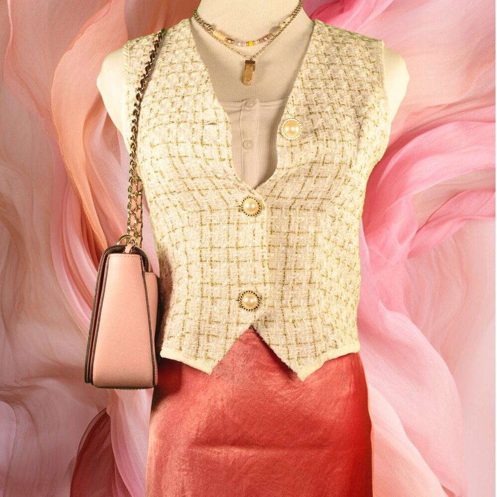 Preppy chic Tweed style Vest with gold/pearl buttons